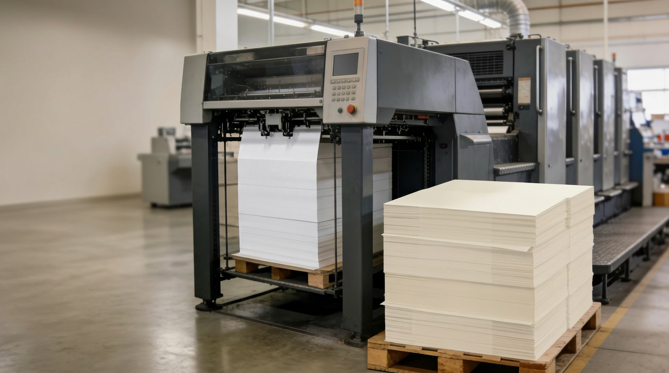 Modern offset printing press and packaging sheets in a production hall