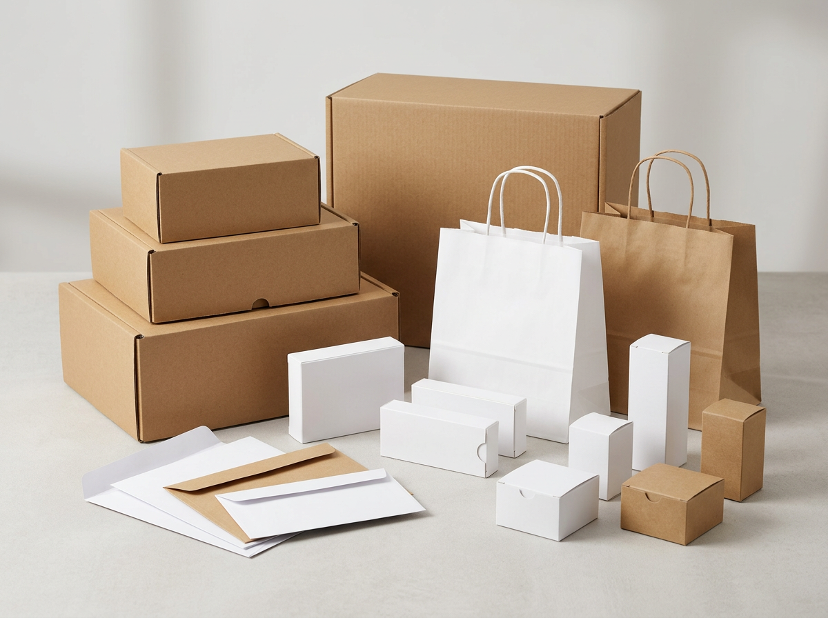 Various blank packaging items such as boxes, bags and envelopes