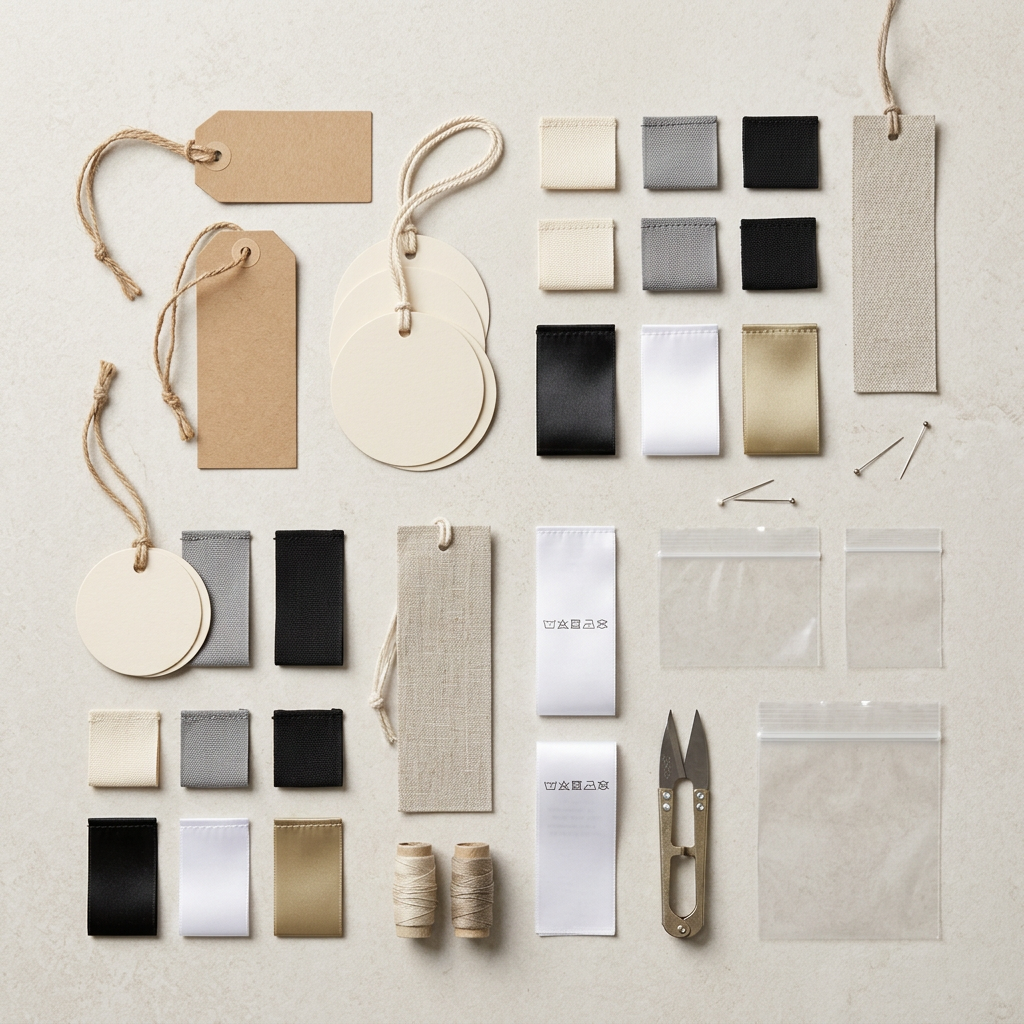 Flatlay of blank hang tags, woven labels, satin labels and polybags